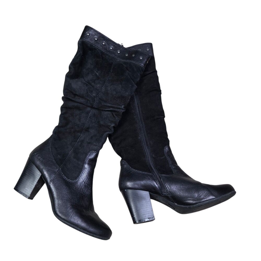 Born Womens Evangelina Boot Size 9 Tall Black Leather Suede Block Heel Boho Stud